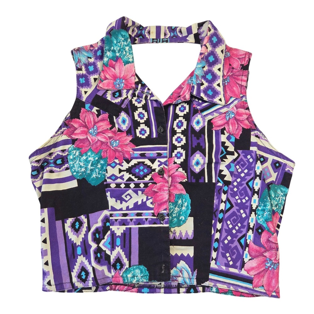 Back at the Ranch Vintage Southwestern Floral Cactus Crop Top Purple Made in USA